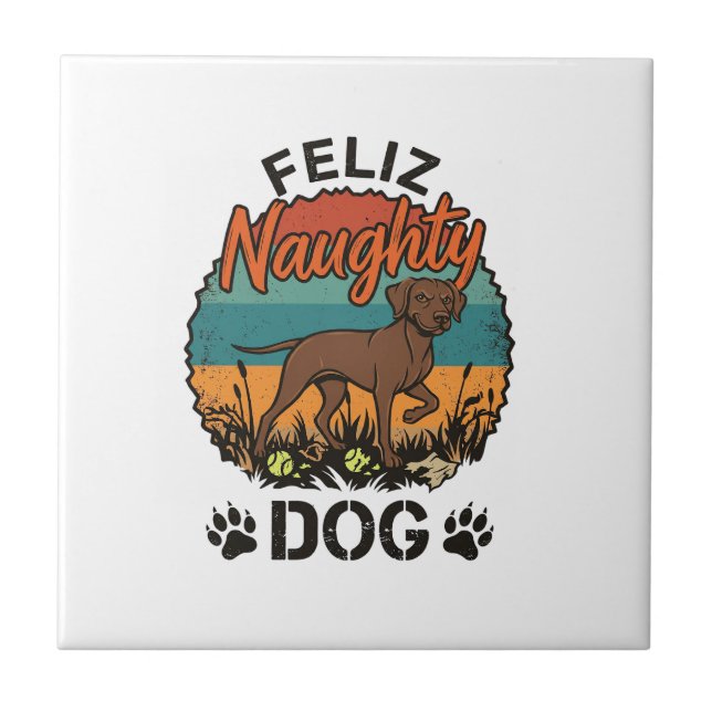 Feliz Naughty Dog Brown Retro Sun Paw Prints Tile (Front)