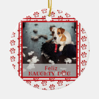 Feliz Naughty Dog Red Paw Print Photo Ceramic Tree Decoration