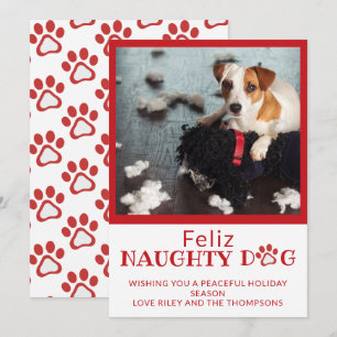 Feliz Naughty Dog Red Paw Prints Pet Photo Holiday Card