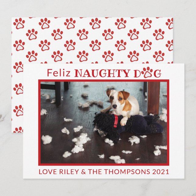 Feliz Naughty Dog Red Paws Horizontal Pet Photo Ho Holiday Card (Front/Back)