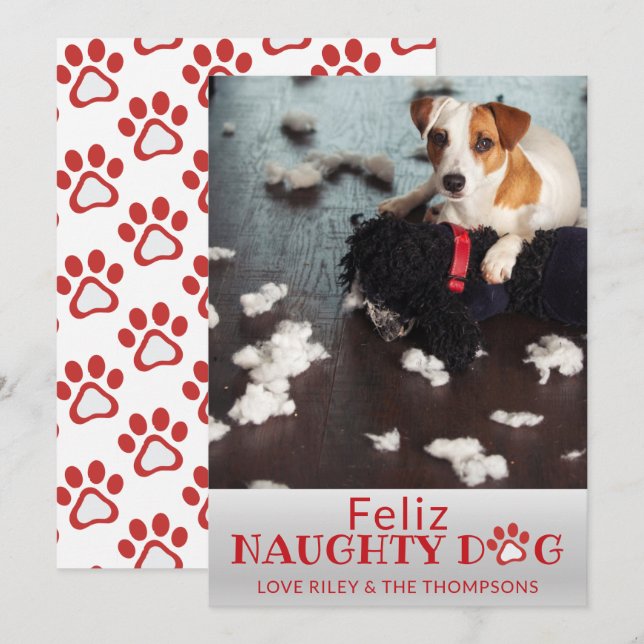 Feliz Naughty Dog Red Paws Pet Photo Holiday Card (Front/Back)