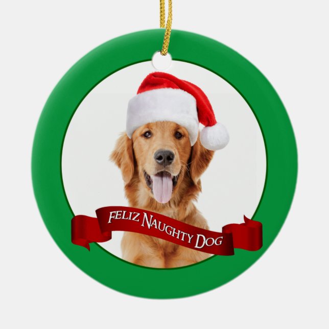 Feliz Naughty Golden Retriever Ceramic Tree Decoration (Front)