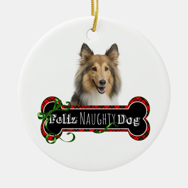 Feliz Naughty Sheltie Ceramic Tree Decoration (Front)