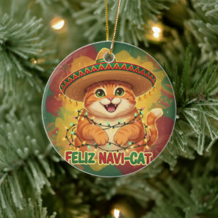Feliz Navi-Cat Christmas Sombrero Cat Ceramic Tree Decoration