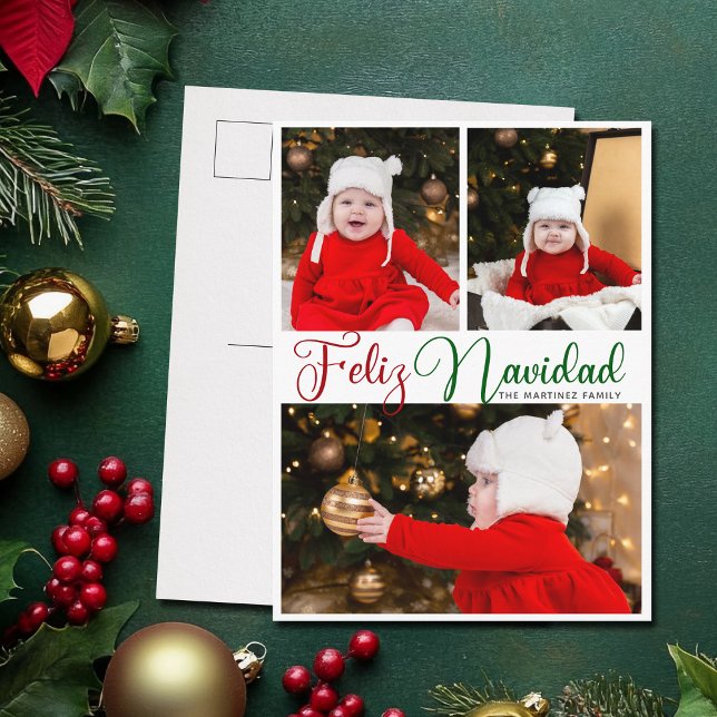 Feliz Navidad 3 Photo Cute Spanish Christmas Holiday Postcard (Creator Uploaded)