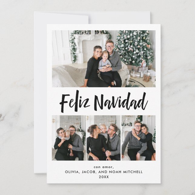Feliz Navidad | Black and White Multi Photo Grid Holiday Card (Front)