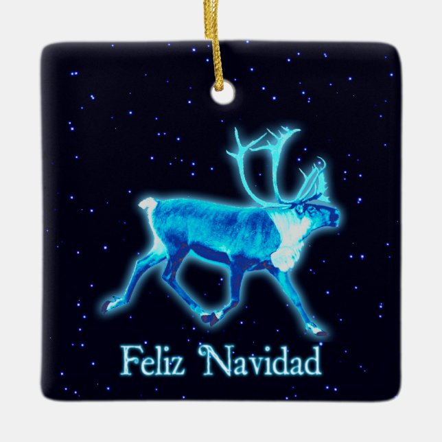 Feliz Navidad - Blue Caribou (Reindeer) Ceramic Tree Decoration (Front)