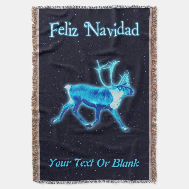 Feliz Navidad - Blue Caribou (Reindeer) Throw Blanket (Front Vertical)