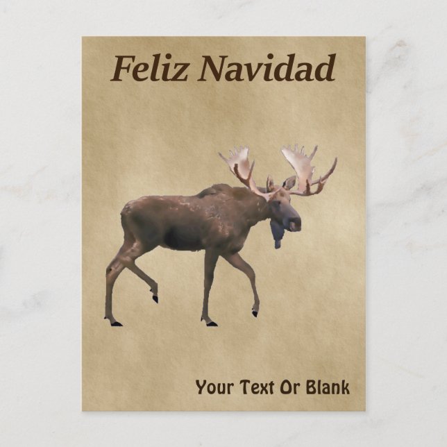 Feliz Navidad - Bull Moose On Old Paper Postcard (Front)