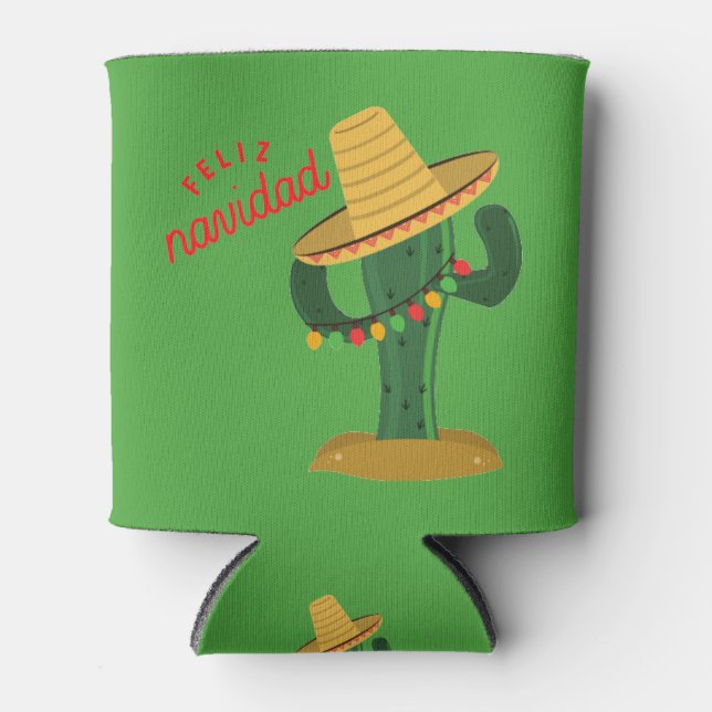 Feliz Navidad Cactus Christmas Lights Can Cooler  (Front)
