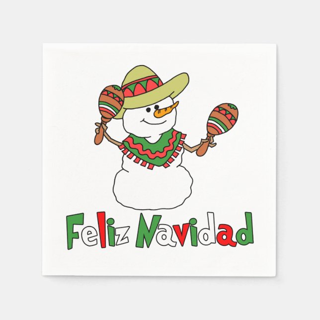 Feliz Navidad Cartoon Snowman Sombrero Maracas Napkin (Front)
