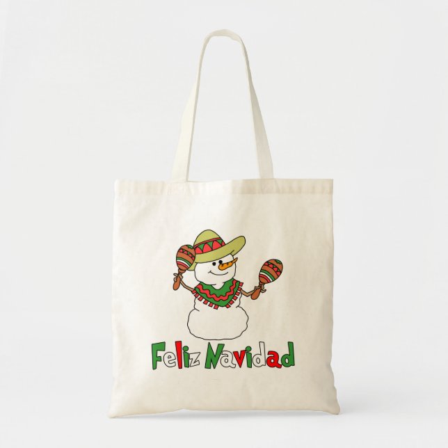 Feliz Navidad Cartoon Snowman Sombrero Maracas Tote Bag (Front)