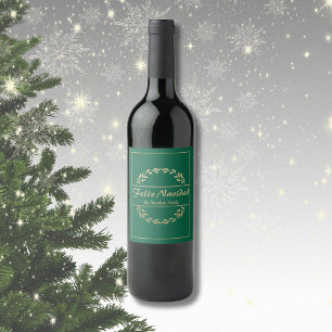 Feliz Navidad Christmas Golden & Green  Wine Label
