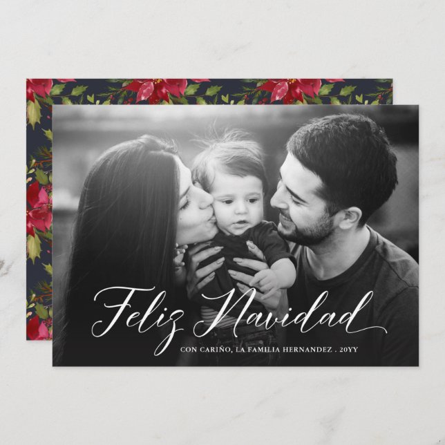 Feliz Navidad | Christmas Poinsettias | Photo Holiday Card (Front/Back)