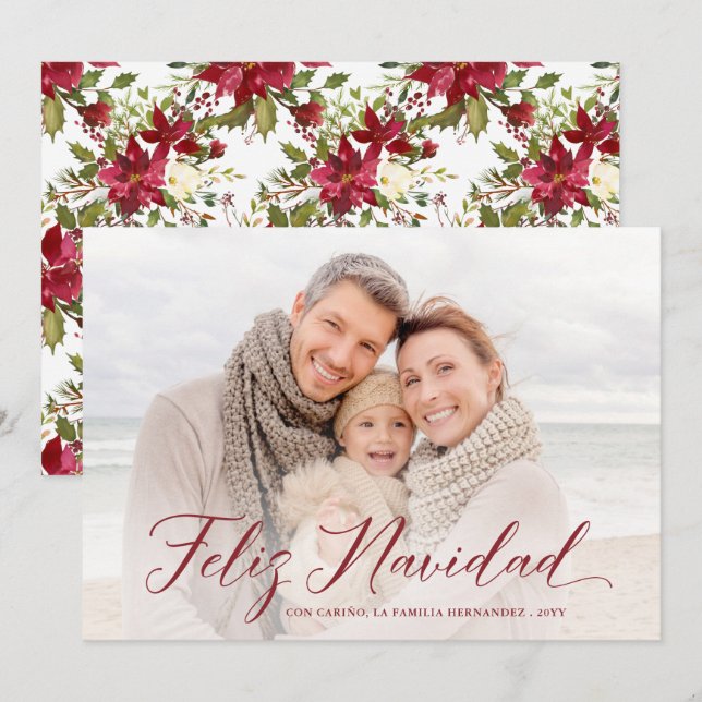 Feliz Navidad  | Christmas Poinsettias Photo Holiday Card (Front/Back)