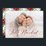 Feliz Navidad  | Christmas Poinsettias Photo Holiday Card<br><div class="desc">This stylish Christmas photo card features simple typography in burgundy over a full-bleed,  horizontal photo template. The back of the card boasts delicate watercolor poinsettias. The background colour can be changed to any colour you'd like.</div>