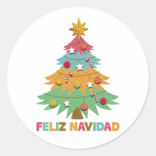 Feliz Navidad Colourful Xmas Tree Spanish Christma Classic Round Sticker