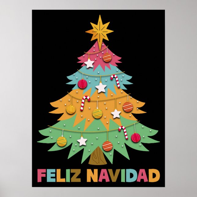 Feliz Navidad Colourful Xmas Tree Spanish Christma Poster (Front)