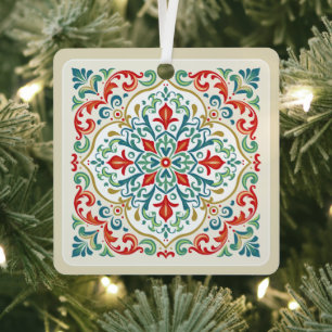Feliz Navidad Decorative Mexican Tile Christmas Metal Tree Decoration