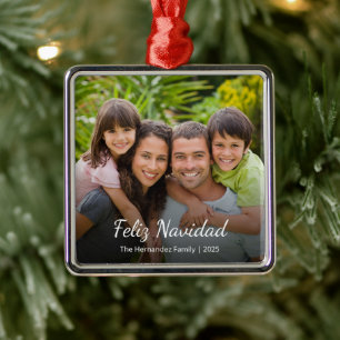 Feliz Navidad Family Photo Spanish Christmas Photo Metal Tree Decoration