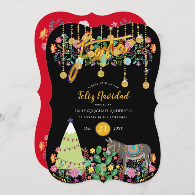 Feliz Navidad Fiesta Invitation Folk Flowers Burro (Front/Back)