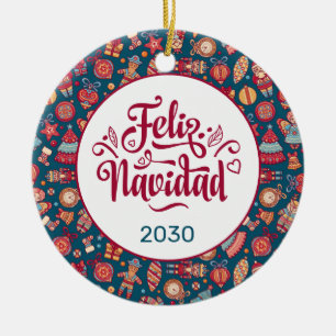 Feliz Navidad Folk Art Blue Custom Ceramic Tree Decoration