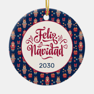 Feliz Navidad Folk Santa Reindeer Blue Custom Ceramic Tree Decoration