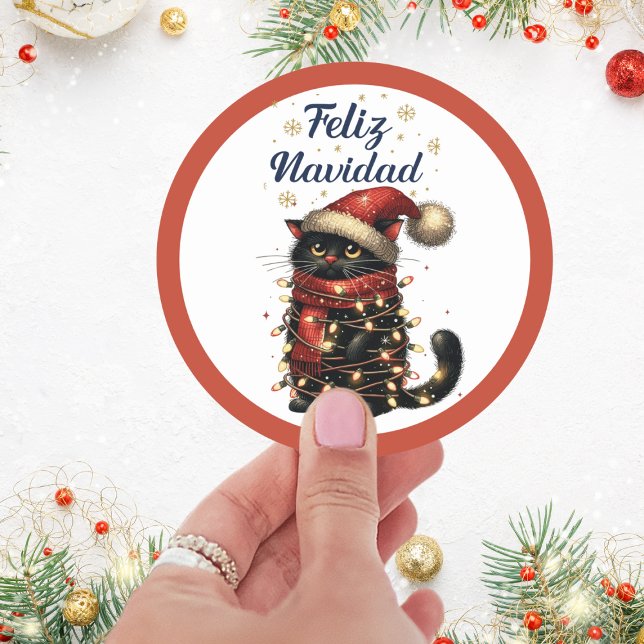 Feliz Navidad Funny Cat Classic Round Sticker (Creator Uploaded)