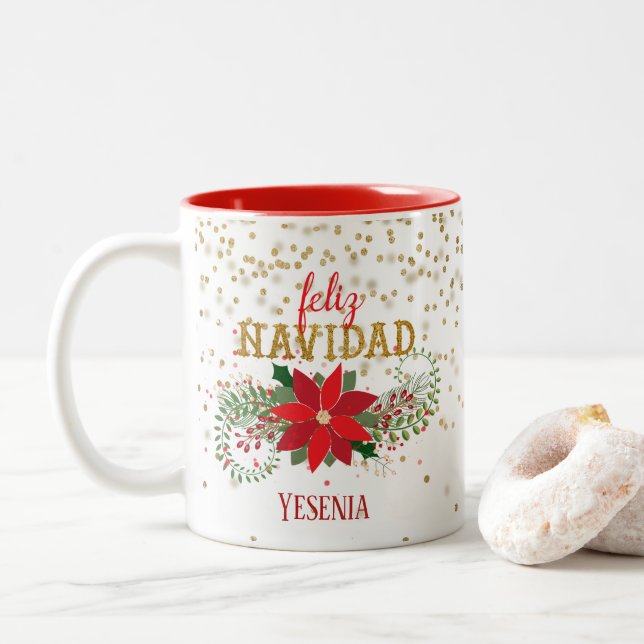 Feliz Navidad Gold Glitter Poinsettia Two-Tone Coffee Mug (With Donut)
