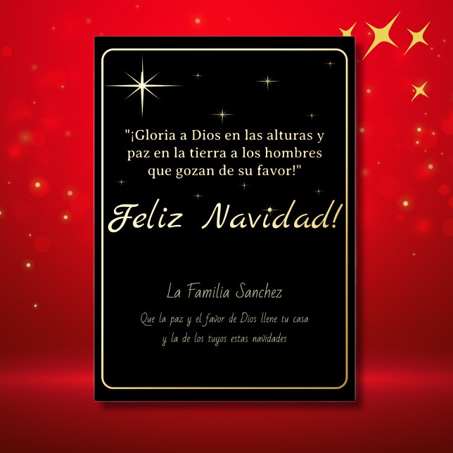 Feliz Navidad Golden & Black Luke 2:14 Verse (Spanish Foil Christmas card Black, custom family name & Spanish text, bible verse Luke 2:14)
