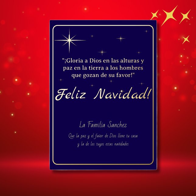 Feliz Navidad Golden & Blue Luke 2:14 Verse (Spanish Foil Christmas card Blue, Luke 2:14 Bible verse, customizable family name Spanish text.)