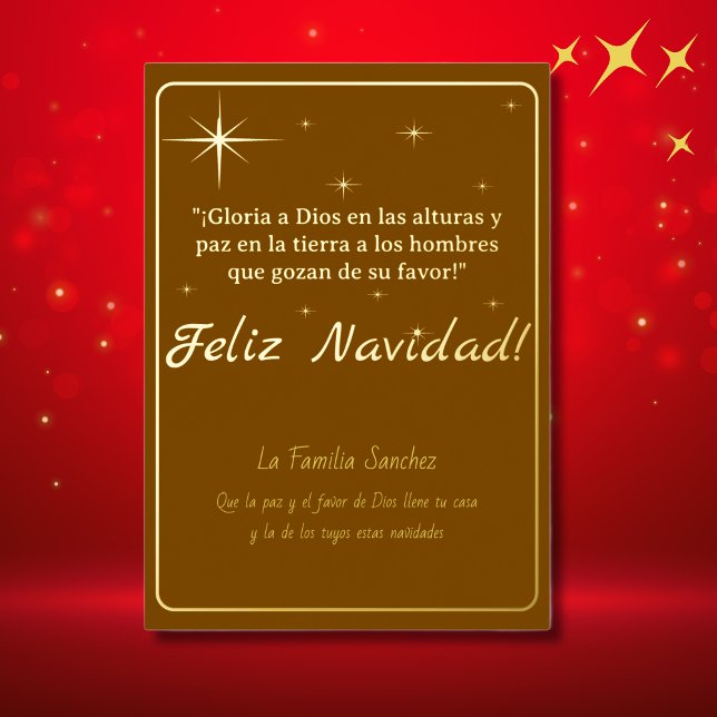 Feliz Navidad Golden & Brown Luke 2:14 Verse (Spanish Foil Christmas card Brown, customizable text & Year. Con Jesus en el camino)