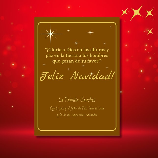 Feliz Navidad Golden & Brown Luke 2:14 Verse Holiday Card (Spanish Christmas card Brown, golden customizable text & greetings. Con Jesús en el camino)