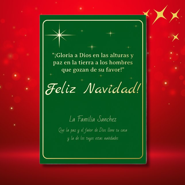 Feliz Navidad Golden & Green Luke 2:14 Verse (Spanish Foil Christmas card Green, Spanish Luke 2:14 bible verse. custom text, family name etc)