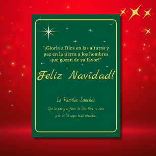 Feliz Navidad Golden & Green Luke 2:14 Verse Holiday Card