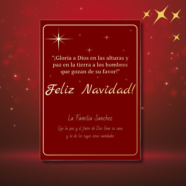 Feliz Navidad Golden & Red Luke 2:14 Verse (Spanish Foil Christmas card red, Spanish bible verse & custom family name)