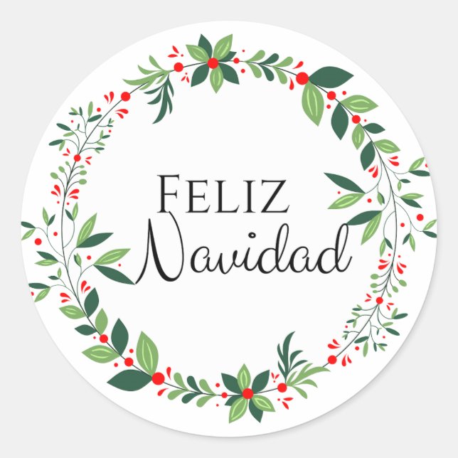 Feliz Navidad Green and Red Wreath Round Sticker (Front)