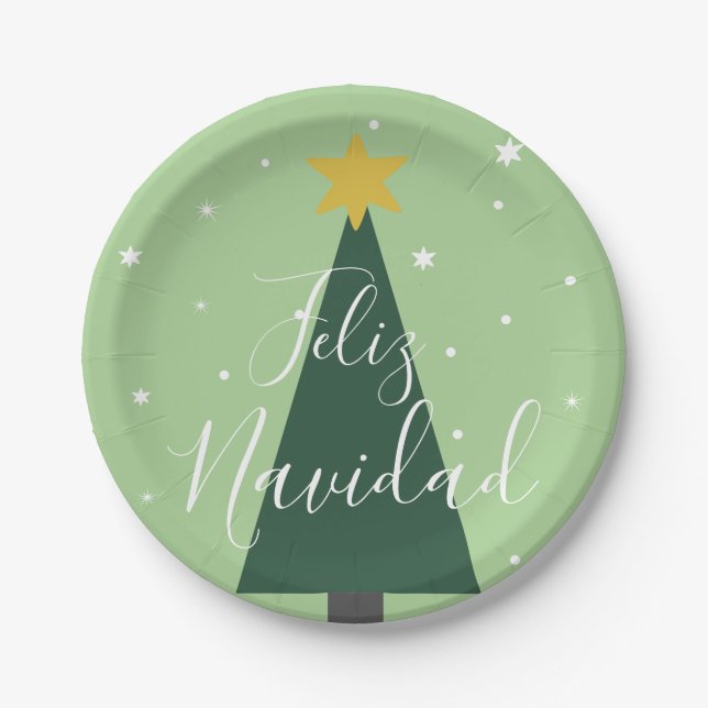 Feliz Navidad holiday green tree snow and stars    Paper Plate (Front)