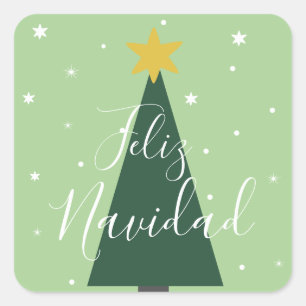 Feliz Navidad holiday green tree snow and stars Square Sticker