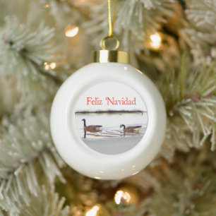 Feliz Navidad - Honkers - Canada Geese Ceramic Ball Christmas Ornament