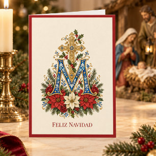 Feliz Navidad Marian Monogram Catholic Christmas Holiday Card
