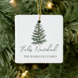 Feliz Navidad-Merry Christmas Tree and Lights  Ceramic Ornament