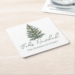 Feliz Navidad-Merry Christmas Tree and Lights Square Paper Coaster