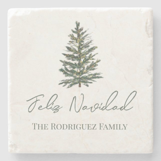Feliz Navidad-Merry Christmas Tree and Lights  Stone Coaster (Front)