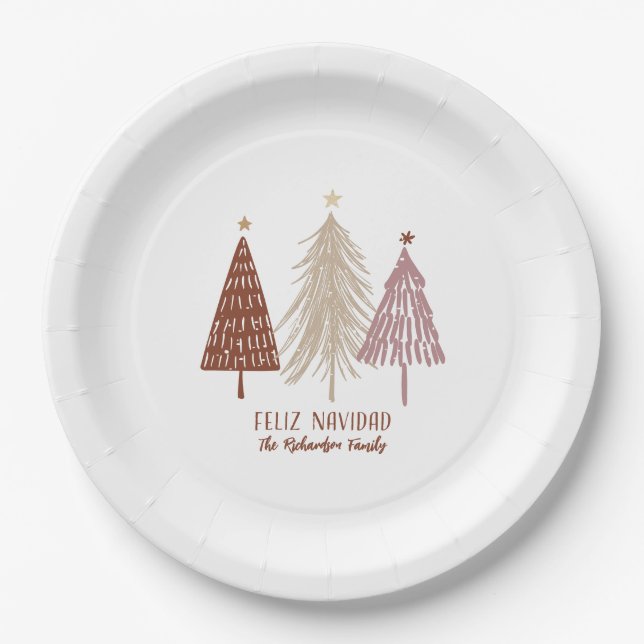 Feliz Navidad Merry Christmas Trees Holiday Party Paper Plate (Front)