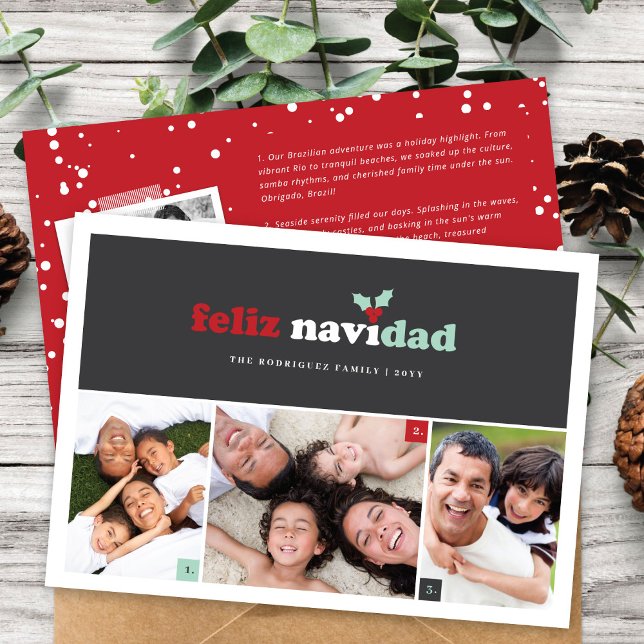 Feliz Navidad Minimalist Blocks 3 Photo Christmas Holiday Card (Creator Uploaded)