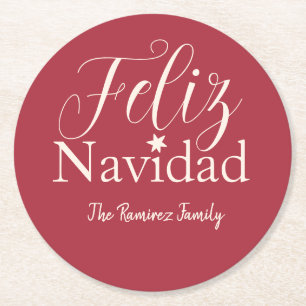 Feliz Navidad Modern Christmas.Family Holiday Round Paper Coaster