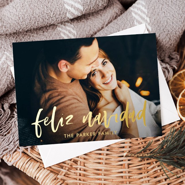 Feliz Navidad | Modern Spanish Two Photo Christmas (An elegant, gold foil Spanish Christmas card with two photos)
