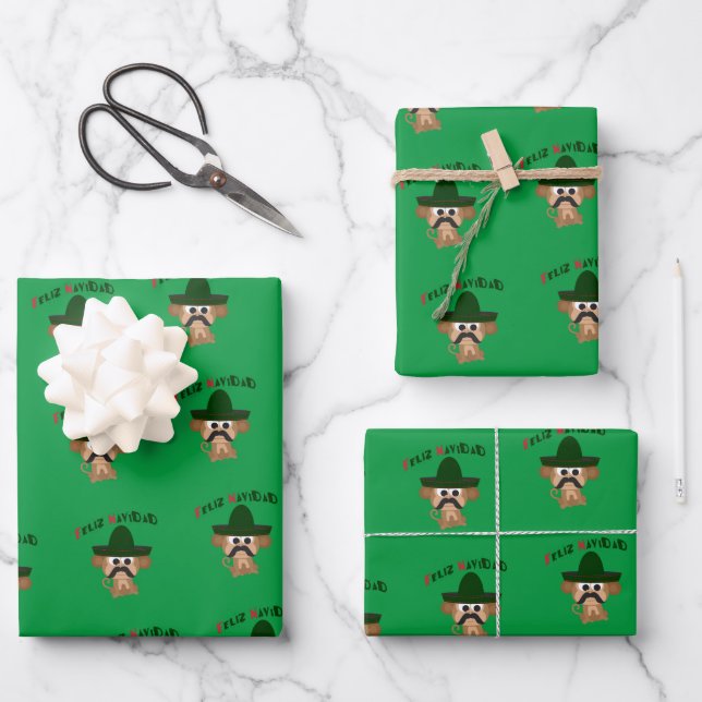 Feliz Navidad Monkey Wrapping Paper Sheet (Front)