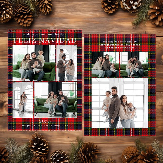 Feliz Navidad Multi Photo Red Plaid Holiday Card (Creator Uploaded)